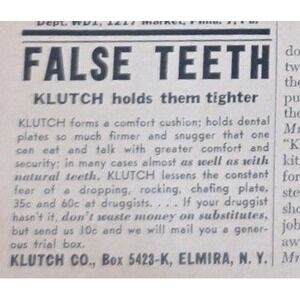 1954 Klutch False Teeth Dental Adhesive Print Ad Clipping Elmira NY Ephemera